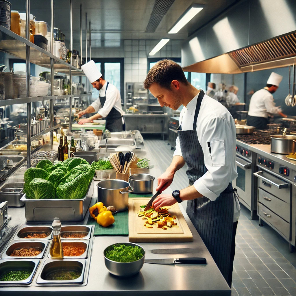 Hier ist das Bild, das eine Fachkraft in der Küche in einer professionellen und geschäftigen Küchenumgebung zeigt. Es fängt die Hektik und Präzision der Arbeit ein, mit einer Fachkraft, die Speisen vorbereitet und anrichtet, umgeben von frischen Zutaten und sauberem Arbeitsbereich.