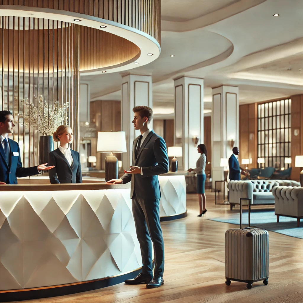 Hier ist das Bild, das Hotelfachleute in einem eleganten Hotel zeigt. Es fängt die Professionalität und Vielseitigkeit des Hotelpersonals ein, das an der Rezeption mit Gästen interagiert und verschiedene Aspekte des Gästeservices und Hotelbetriebs verwaltet. Die Szene vermittelt eine einladende und gepflegte Atmosphäre, ideal für die Darstellung der vielfältigen Aufgaben von Hotelfachleuten.