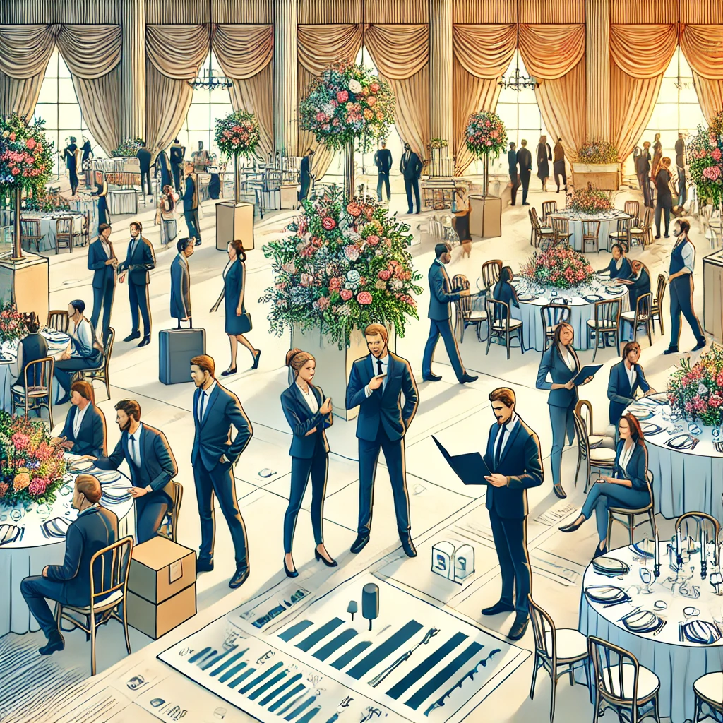 Hier ist das Bild, das Veranstaltungskaufleute in einem eleganten Veranstaltungsort zeigt. Es fängt die Organisation und Koordination ein, die für die Planung und Durchführung erfolgreicher Events erforderlich sind. Die Szene zeigt die Interaktion mit Dienstleistern und Kunden, um sicherzustellen, dass jedes Detail perfekt ist.
