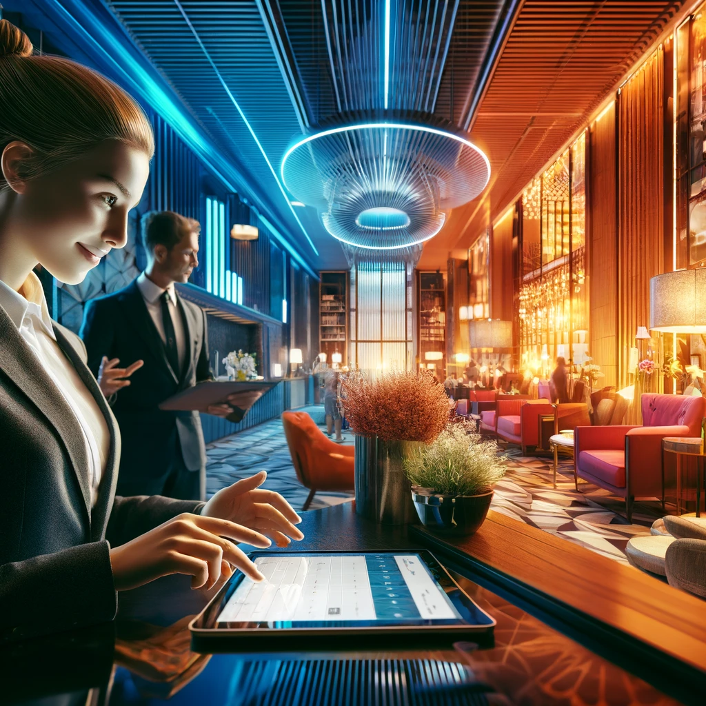 Hier ist das Bild mit einem modernen und farbenfrohen Hotelumfeld, das eine duale Studentin oder einen dualen Studenten im Hotelmanagement zeigt. Die Szene betont die Kombination aus praktischer Erfahrung in einer modernen Hotelumgebung und dem theoretischen Studium, das für ein duales Studium charakteristisch ist.