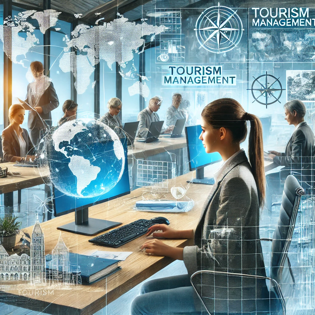 Hier ist das Bild, das eine duale Studentin oder einen dualen Studenten im Tourismusmanagement in einem modernen und dynamischen Reisebüro oder einer touristischen Einrichtung zeigt. Die Szene betont die Kombination aus theoretischem Studium und praktischer Erfahrung, die für das duale Studium im Tourismusmanagement charakteristisch ist. Der Hintergrund mit Weltkarten, Reisezielpostern und digitalen Präsentationen unterstreicht die globale und innovative Natur der Tourismusbranche.