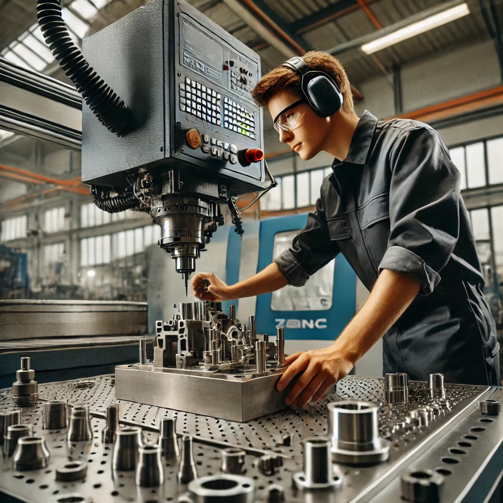 Hier ist das Bild, das eine Zerspanungsmechanikerin oder einen Zerspanungsmechaniker in einer modernen Werkstatt zeigt. Die Person arbeitet präzise an einer CNC-Maschine, um Metallteile zu bearbeiten. Der Hintergrund zeigt industrielle Elemente wie Maschinen und Werkzeuge, die die technische Expertise und die Detailgenauigkeit des Berufs unterstreichen.