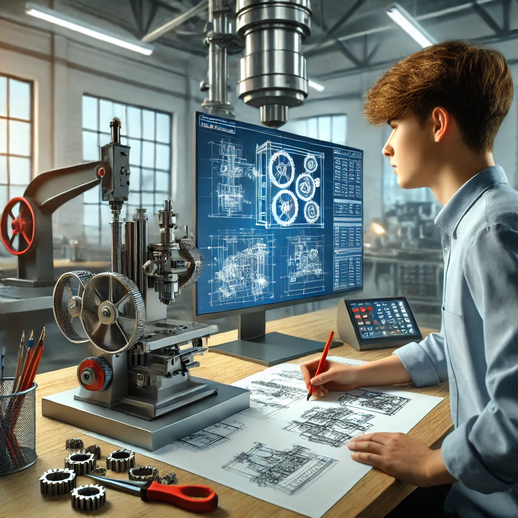 Hier ist das Bild, das eine duale Studentin oder einen dualen Studenten im Maschinenbau in einer modernen Werkstatt oder einem Labor zeigt. Die Person arbeitet an technischen Zeichnungen, testet eine Maschine oder erstellt ein 3D-Modell am CAD-Computer. Diese Szene unterstreicht die Verbindung zwischen theoretischem Studium und praktischer Anwendung, die typisch für ein duales Studium im Maschinenbau ist.