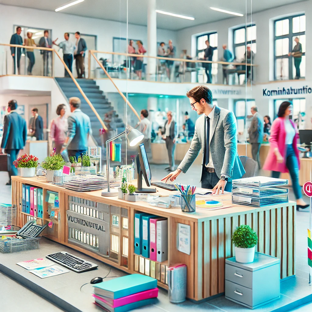 Hier ist das Bild mit einer lebendigen und dynamischen Büroatmosphäre, das einen Verwaltungsfachangestellten in der Fachrichtung Kommunalverwaltung zeigt. Die Szene ist lebendig und zeigt eine aktive Interaktion mit Bürgern an einem Schreibtisch in einem geschäftigen Empfangsbereich. Diese Umgebung vermittelt die energiegeladene und serviceorientierte Natur der Arbeit in der Kommunalverwaltung.
