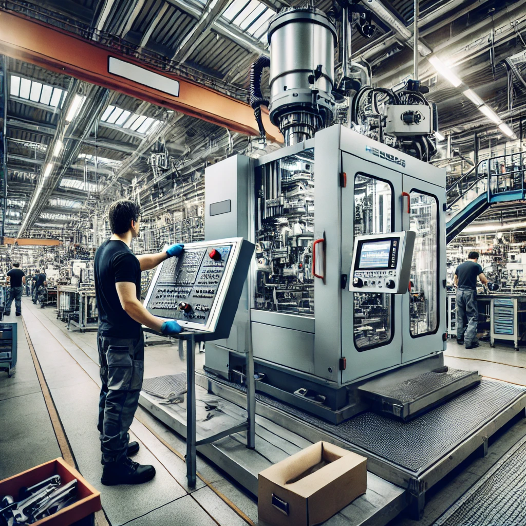 Hier ist das Bild, das einen Maschinen- und Anlagenführerin in einer geschäftigen Produktionshalle zeigt. Die Person arbeitet an einer großen industriellen Maschine, die überwacht und eingestellt wird, während im Hintergrund weitere Produktionsanlagen und Werkzeuge zu sehen sind. Dieses Bild betont die technische Präzision und Verantwortung, die mit der Rolle verbunden sind.