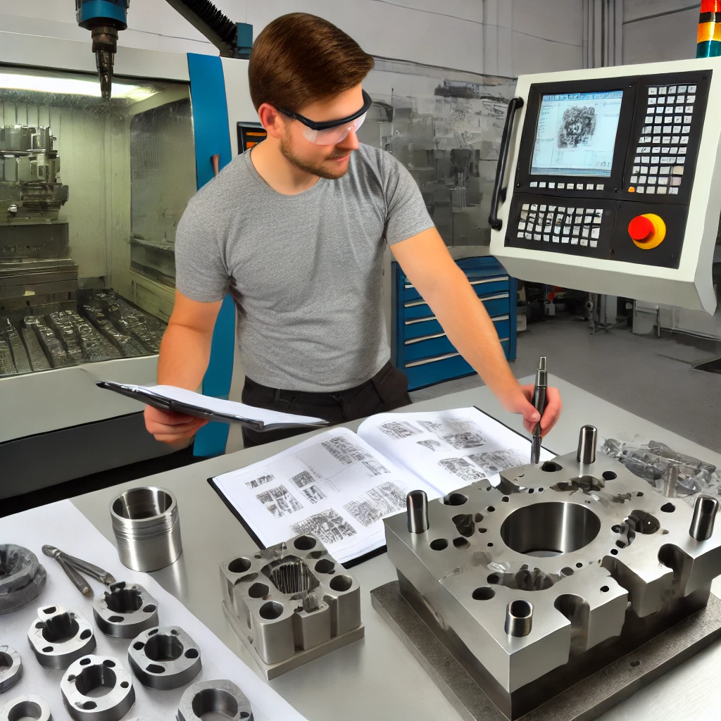 Hier ist das Bild, das einen Werkzeugmechaniker in einer professionellen Werkstatt zeigt. Die Szene umfasst den Mechaniker, der an einer CNC-Maschine arbeitet oder an einer Werkbank Präzisionswerkzeuge wie Stanzwerkzeuge oder Spritzgussformen herstellt oder wartet. Die Umgebung hebt die Präzision, das handwerkliche Können und die technischen Fähigkeiten hervor, die in diesem Beruf erforderlich sind.