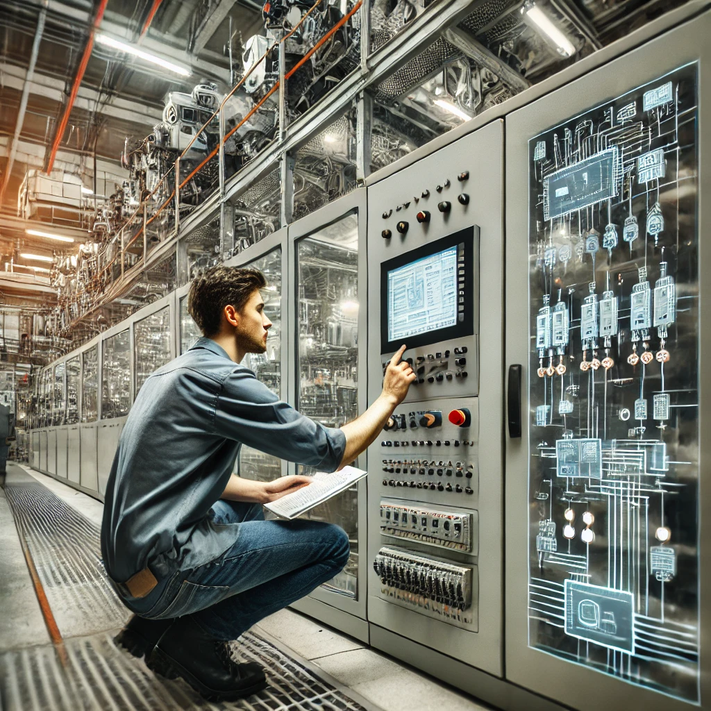Hier ist das Bild, das einen Elektroniker für Automatisierungstechnik in einer industriellen Umgebung zeigt. Die Szene betont die technische Präzision und die praktische Arbeit, die mit der Programmierung, Konfiguration und Wartung automatisierter Systeme verbunden sind.