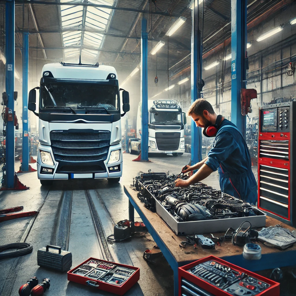 Hier ist das Bild, das einen KFZ-Mechatronikerin mit Schwerpunkt Nutzfahrzeuge in einer geschäftigen Werkstatt zeigt. Die Person arbeitet an einem großen LKW oder Bus und führt Wartungs- oder Reparaturarbeiten durch. Das Bild betont die technischen und praktischen Aspekte des Berufs, mit typischen Werkstattwerkzeugen und schwerem Equipment im Hintergrund.