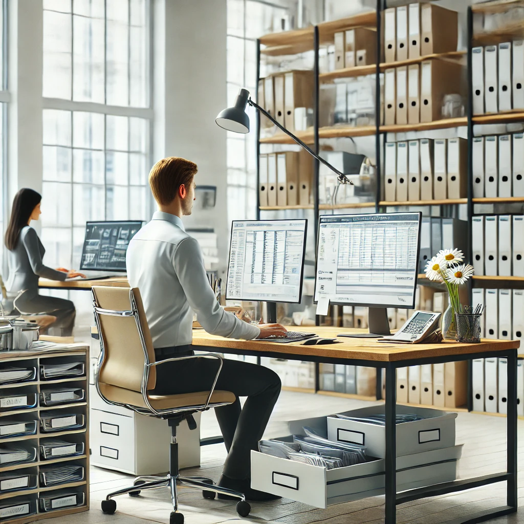 Hier ist ein neues Bild, das eine realistischere Darstellung eines Kaufmanns oder einer Kauffrau für Büromanagement in einem modernen Büro zeigt. Die Szene betont die professionelle und lebendige Atmosphäre im Büro, mit einem klaren Fokus auf Organisation und Multitasking.