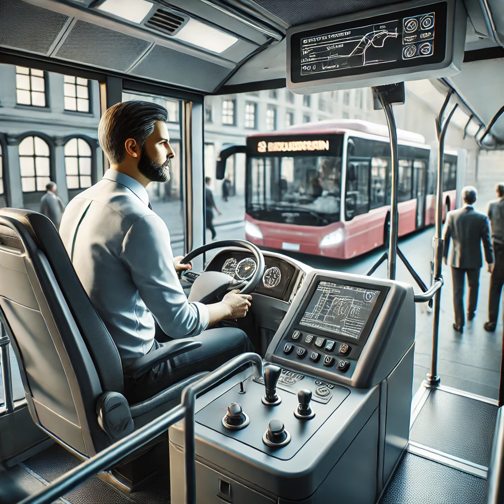 Hier ist das Bild, das einen Berufskraftfahrer oder eine Berufskraftfahrerin mit Schwerpunkt Bus in einem modernen Linien- oder Reisebus zeigt. Die Szene betont die tägliche Umgebung des Berufs, mit Fahrgästen und einer städtischen Umgebung im Hintergrund.