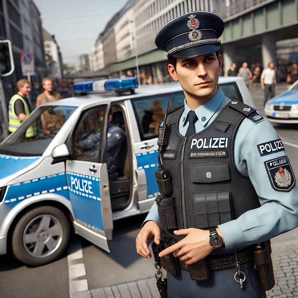 Hier ist das Bild, das eine Polizeiobermeisterin oder einen Polizeiobermeister im mittleren Polizeivollzugsdienst zeigt. Die Szene betont die Professionalität und Verantwortung, die mit dieser Rolle verbunden sind, und stellt eine typische städtische Umgebung dar, in der Polizeiarbeit stattfindet.