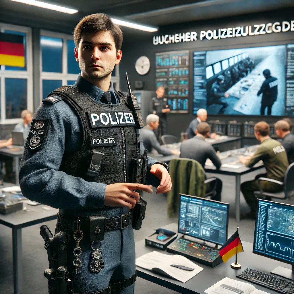 Hier ist das Bild, das eine angehende Polizeikommissarin oder einen angehenden Polizeikommissar im Studium des gehobenen Polizeivollzugsdienstes zeigt. Die Szene betont die Kombination aus theoretischem Studium und praktischer Ausbildung, die für diese Position charakteristisch ist.