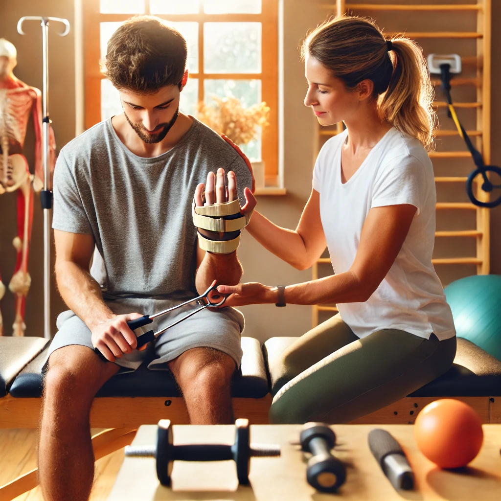 Eine Therapieszene, in der eine Ergotherapeutin mit einem Patienten oder einer Patientin an Übungen arbeitet, z. B. zur Verbesserung der Feinmotorik oder zur Stärkung der Beweglichkeit. Die Umgebung könnte typische Therapiegeräte und eine freundliche Atmosphäre zeigen, die den therapeutischen Ansatz betont.