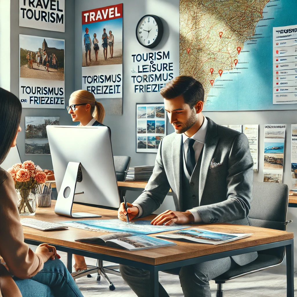 Eine Szene in einem Reisebüro oder Freizeitzentrum, in der ein*e Kaufmann/frau für Tourismus und Freizeit Kunden berät, Reisepläne erstellt oder an einem Computer arbeitet. Die Umgebung könnte Karten, Reiseführer und typische Ausstattung eines Reisebüros umfassen, um den Kundenservice und die Organisation in diesem Beruf darzustellen.