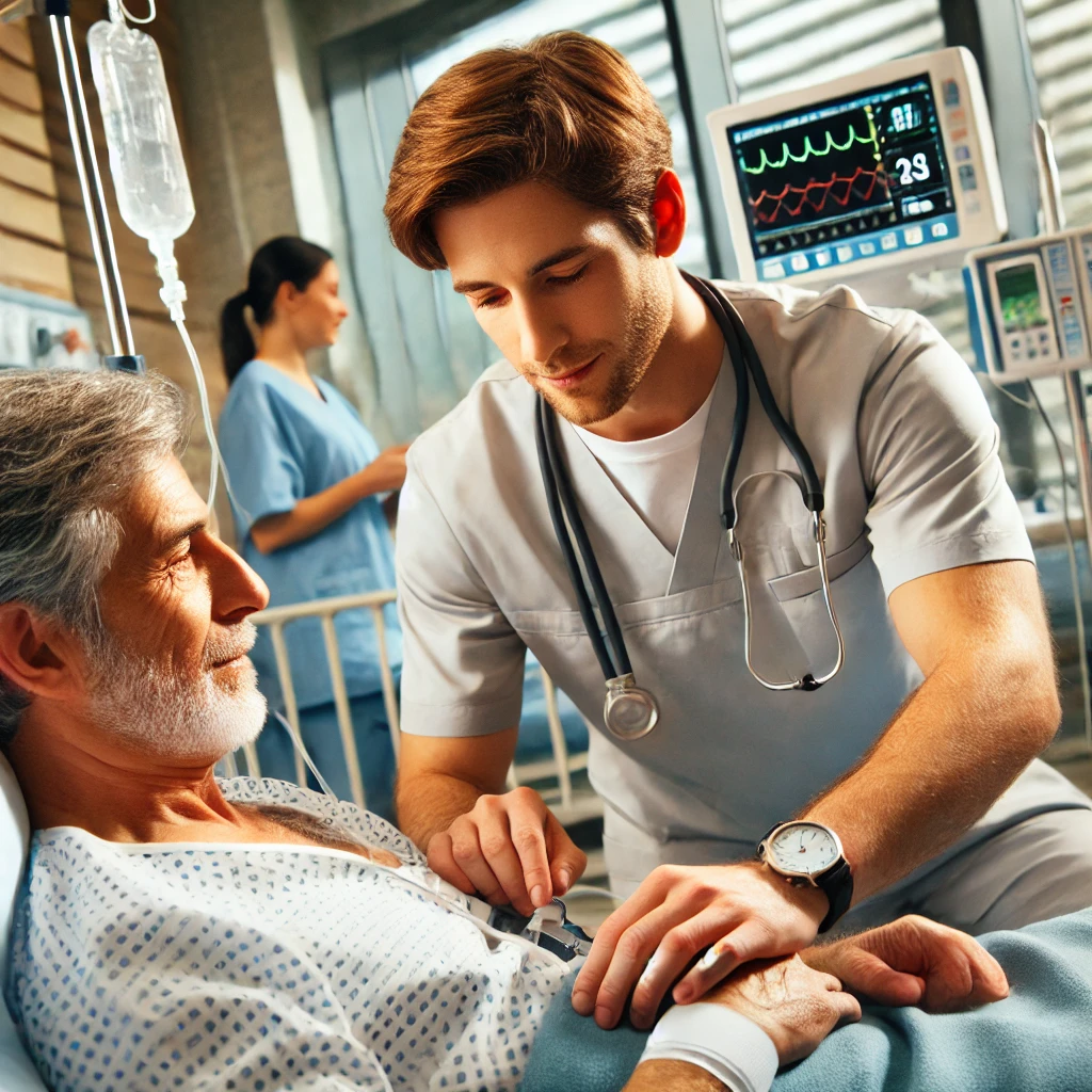 Eine Krankenhausszene, in der eine Gesundheits- und Krankenpflegerin mit einem Patienten arbeitet, z. B. Vitalzeichen überprüft, Medikamente verabreicht oder die Wundversorgung durchführt. Die Umgebung könnte typische Pflegeausrüstung und eine fürsorgliche Atmosphäre zeigen, die den Beruf betont.