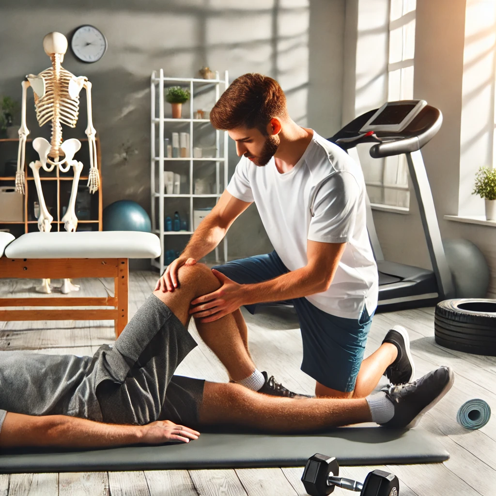 Eine Therapieszene, in der eine Physiotherapeutin mit einem Patienten arbeitet, Übungen zur Verbesserung der Beweglichkeit durchführt oder manuelle Therapie anwendet. Die Umgebung könnte typisches Physiotherapie-Equipment wie Matten, kleine Gewichte und ein Laufband zeigen.